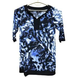 Fashion Bug Midi Dress Plus 0X Blue White Black All Over Print Long Sleeve